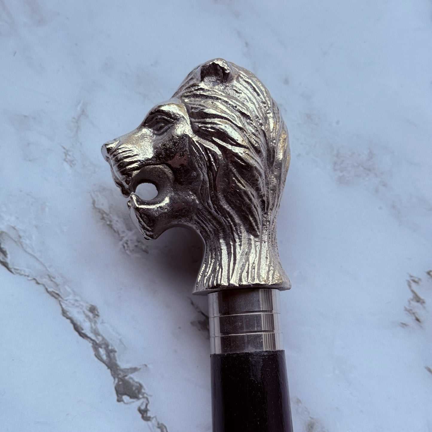 Detailed profile photo of the metal lion shaped handle of the cane