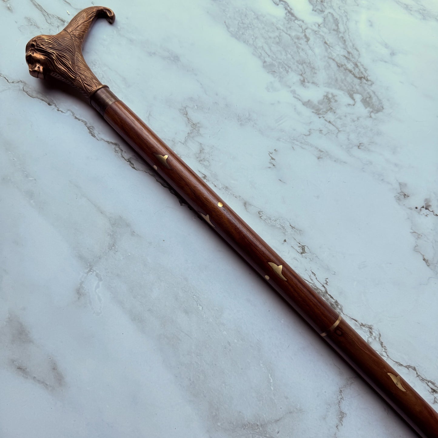 Brown walking cane with decorative brass handle in the shape of a lion's head