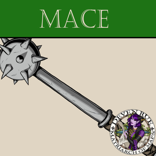 A colored drawing of a club mace which is a metal club with a ball at the end. The ball is covered in spikes. The drawing shows marks and scraps along the weapon to indicate it’s use in battle.