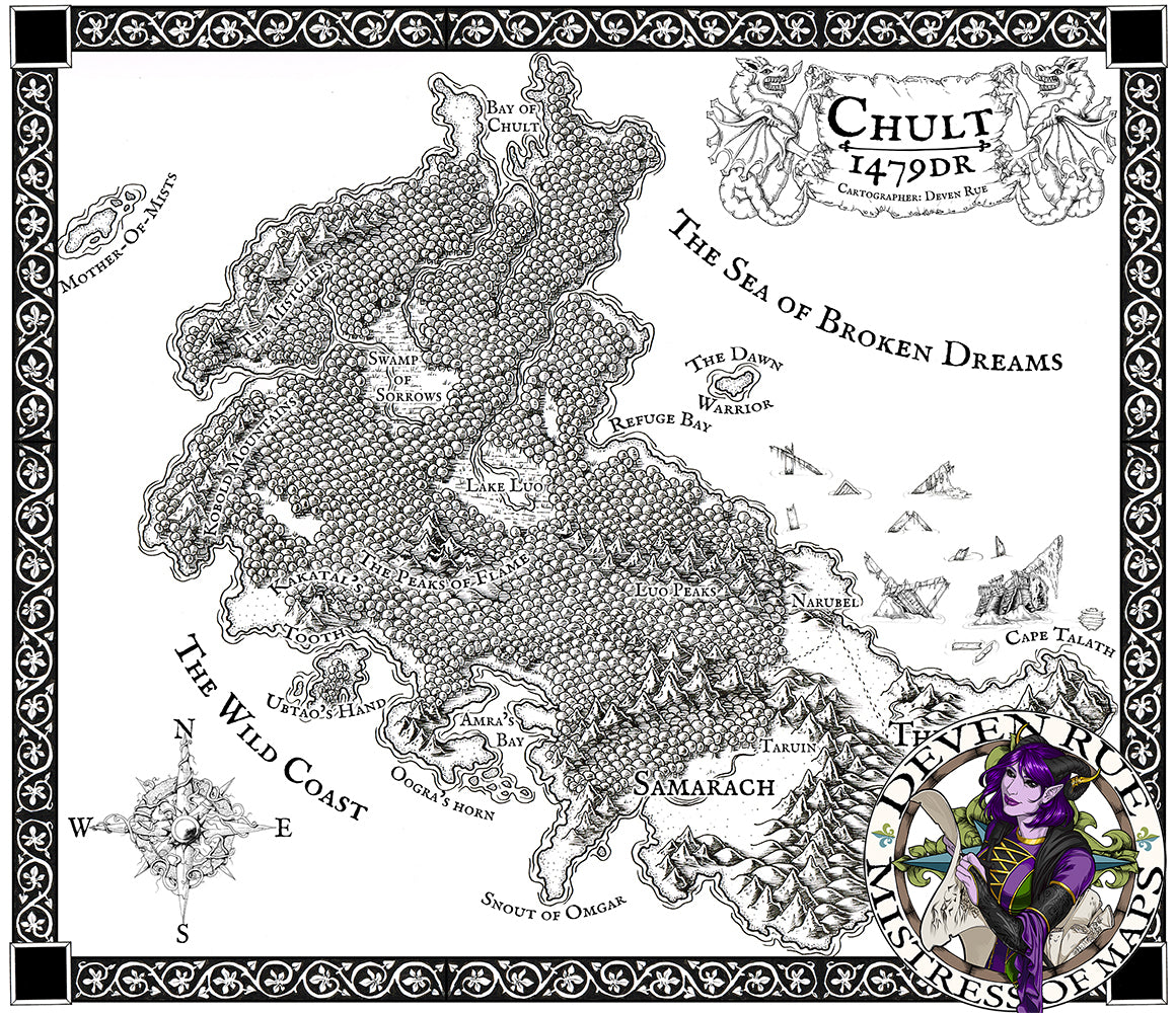 A black and white map of Chult in Deven Rue's style.