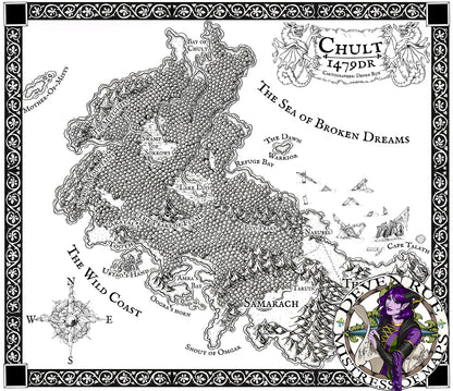 A black and white map of Chult in Deven Rue's style.