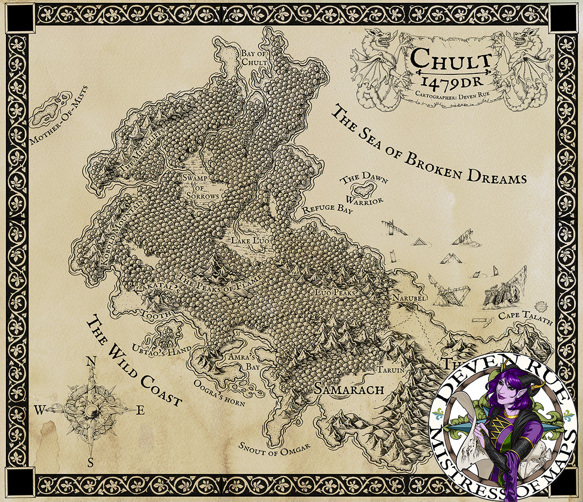 A faux parchment and ink map of Chult in Deven Rue's style.