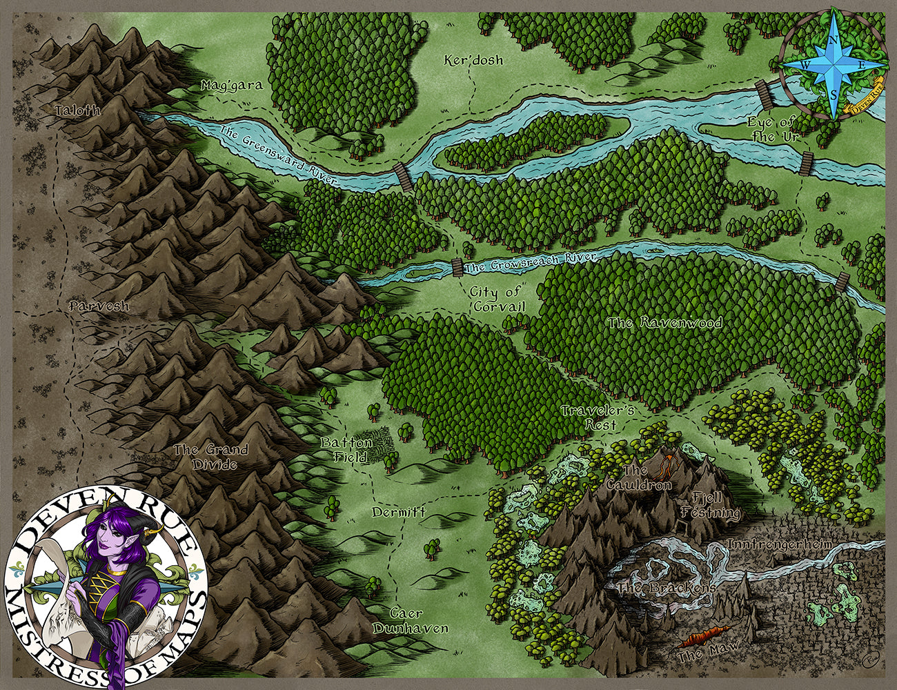 A colored map by Deven Rue featuring rivers running from West to East coming down from mountains to a lushly forested hilly region.