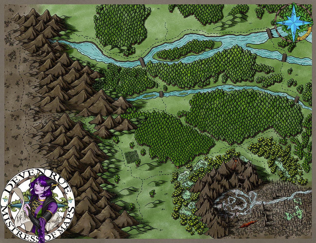 A colored map by Deven Rue featuring rivers running from West to East coming down from mountains to a lushly forested hilly region.