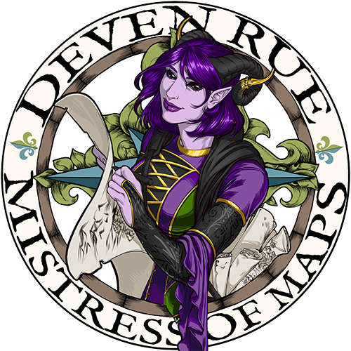 The Deven Rue, Mistress of Maps logo with Rue the Cartographer in the middle.