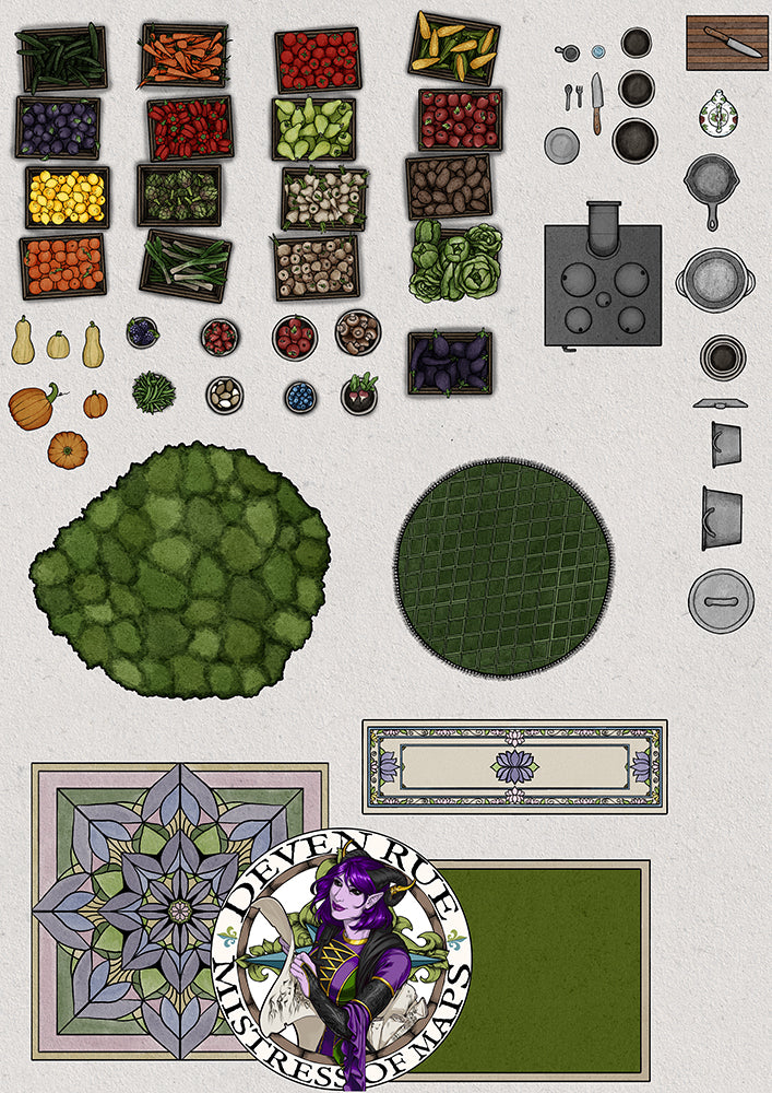 A graphic with the item tokens and furnishings of the Blooming Bounty Apothecary.