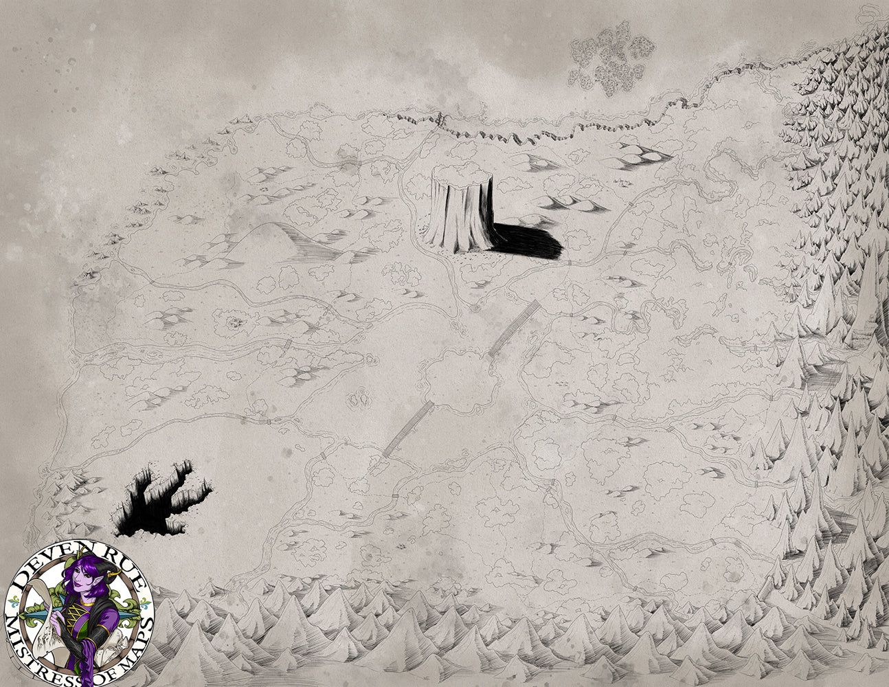 An illustrated map as shown before without any labels of places.