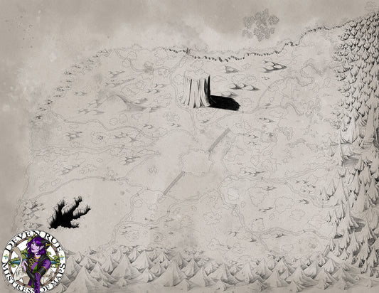 An illustrated map as shown before without any labels of places.