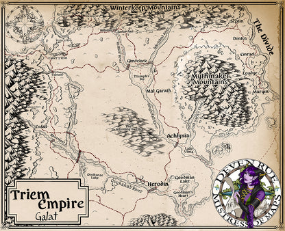 A weathered regional close up map of the Triem Empire in Galat with the Deven Rue logo in the corner.
