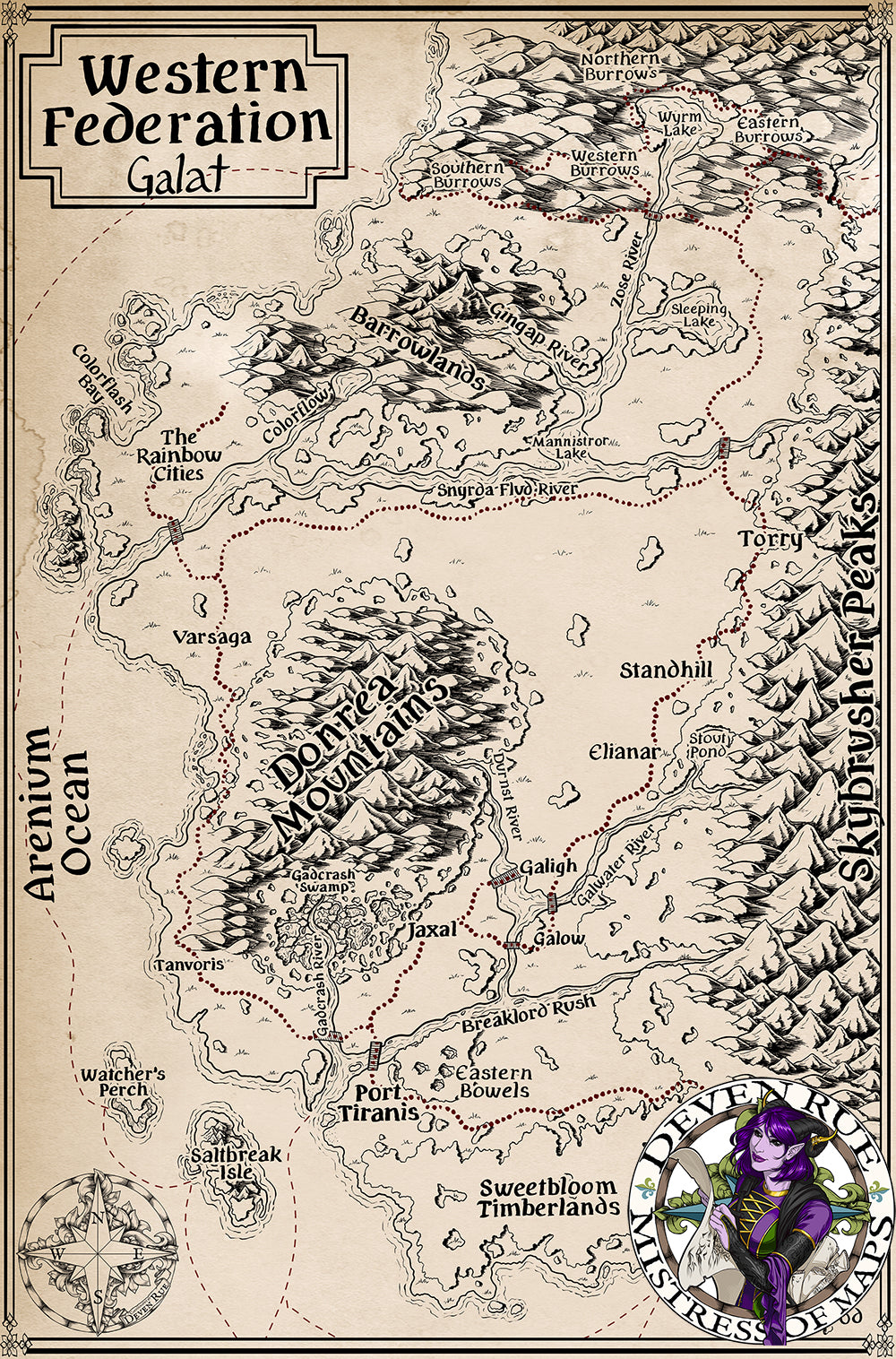 A weathered regional close up map of the Western Federation in Galat with the Deven Rue logo in the corner.