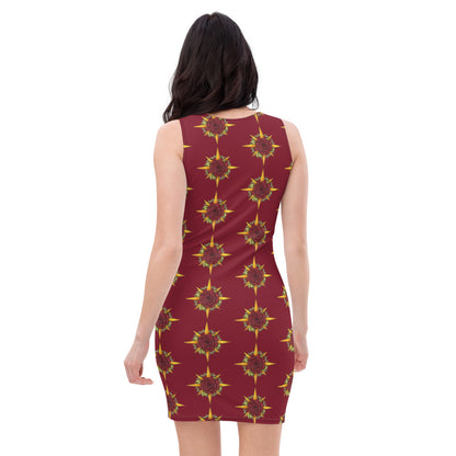 A model wears a fitted tank dress in burgundy with the Druid Compass Rose in a pattern all over it, back view.
