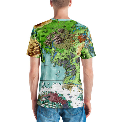 Back view: A model wears a crew neck shirt with The Queen's Treasure map by Deven Rue printed on it.