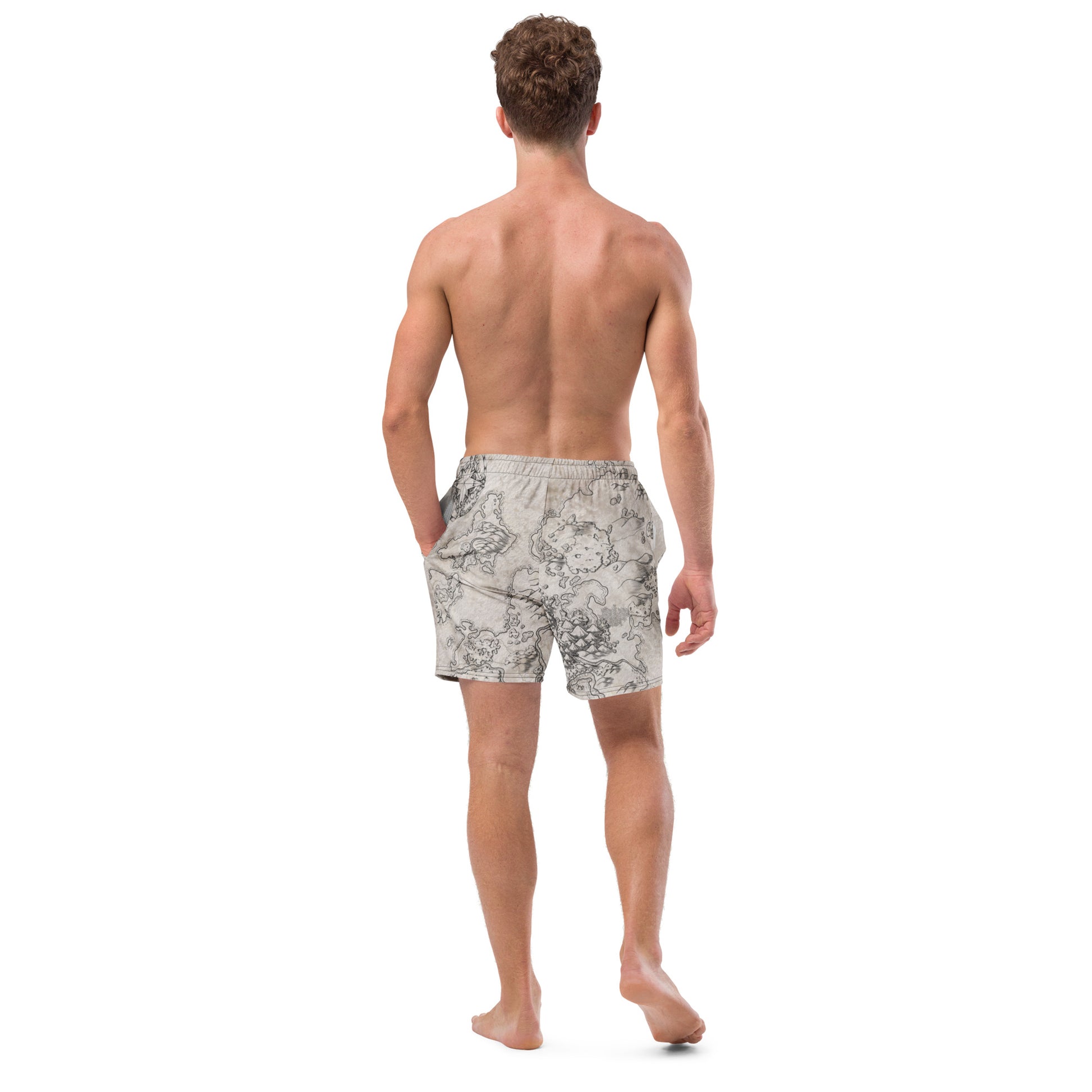 A model wears the Wallerfen swim trunks by Deven Rue, back view.