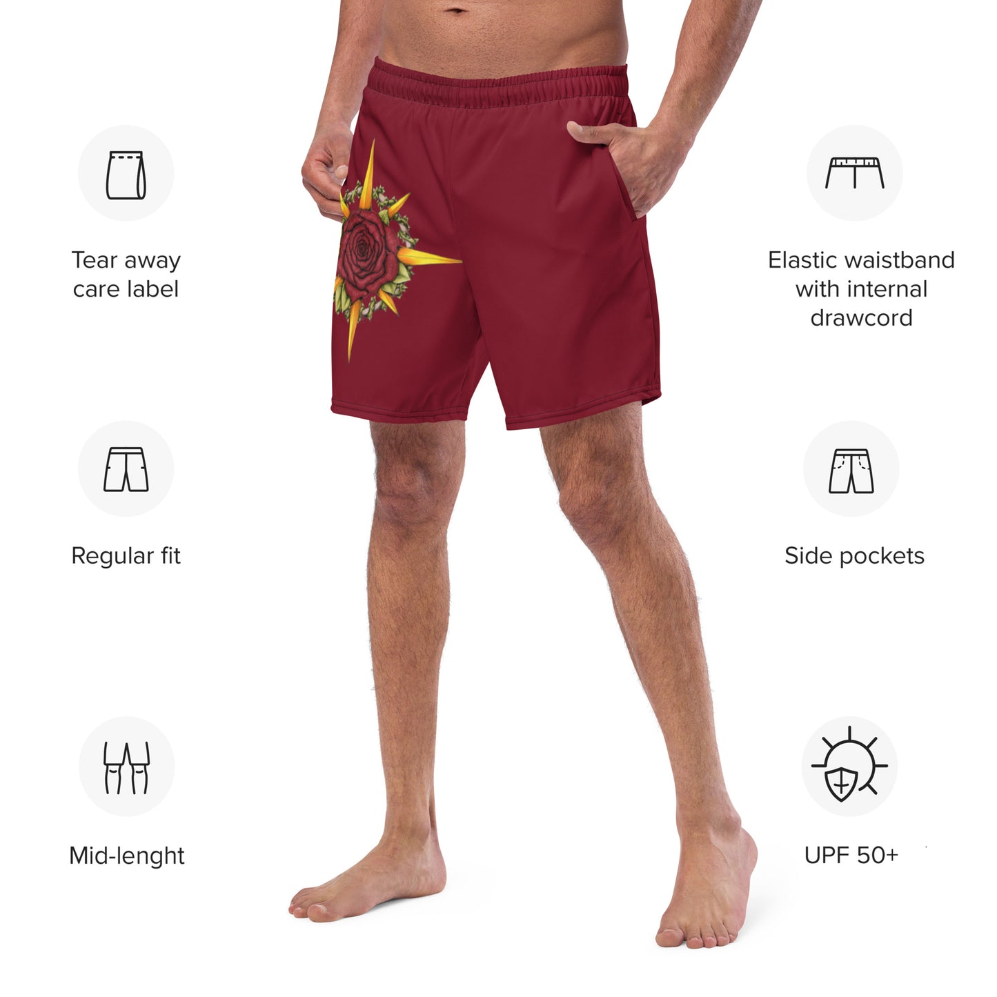 A model wears red swim trunks with the Druid Compass Rose illustration by Deven Rue, surrounded by product specifications.