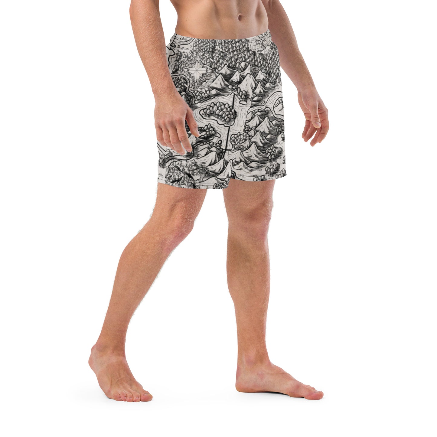 A model wears the Unexpected map swim trunks by Deven Rue.