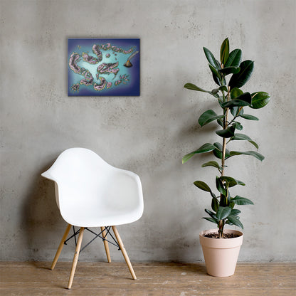 The colored Dragon Isles map by Deven Rue is hung on a 16" by 20" canvas with a chair and a rubber tree plant.