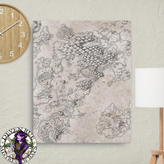 A 16" by 20" canvas print of the Wallerfen map by Deven Rue hangs on a wall between a lamp and a clock.
