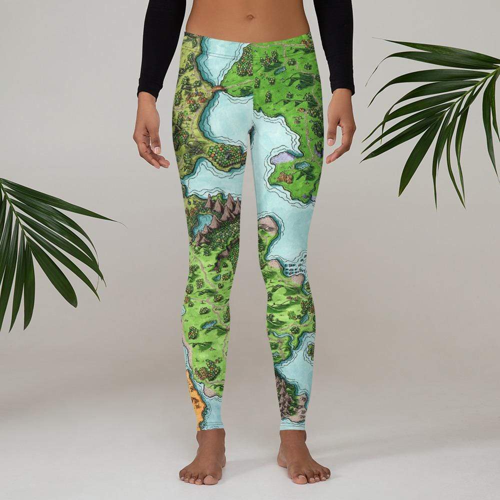 A model wears the Euphoros map leggings by Deven Rue.