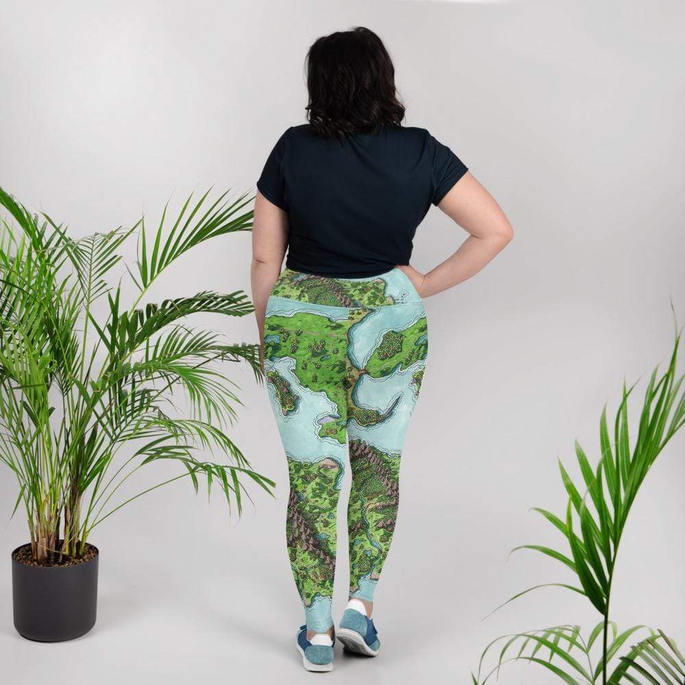 A model wears the curvy sized Euphoros leggings by Deven Rue, back view.