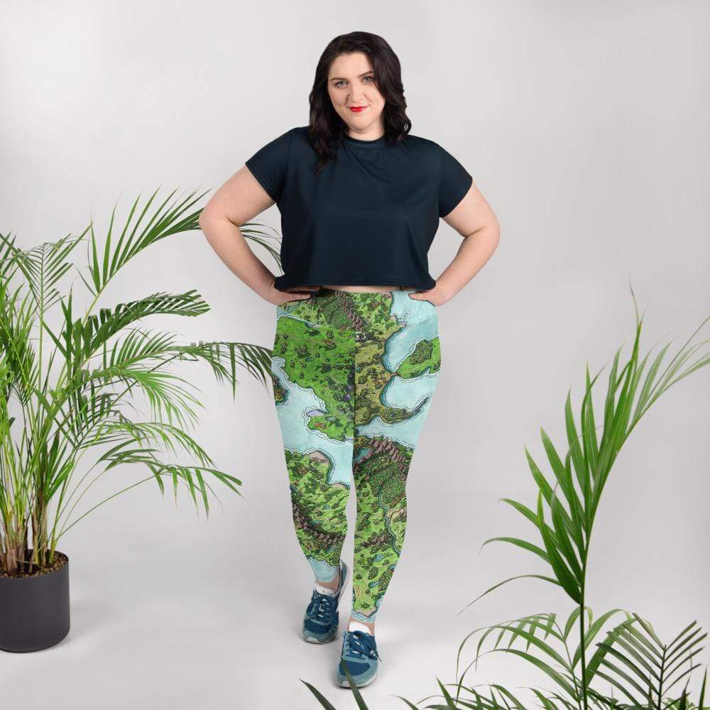 A model wears the curvy sized Euphoros leggings by Deven Rue.
