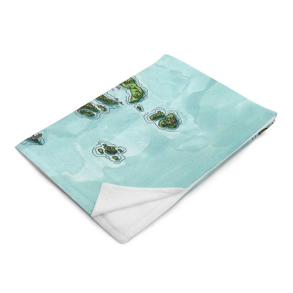 The Euphoros map by Deven Rue printed on a minky blanket is folded.