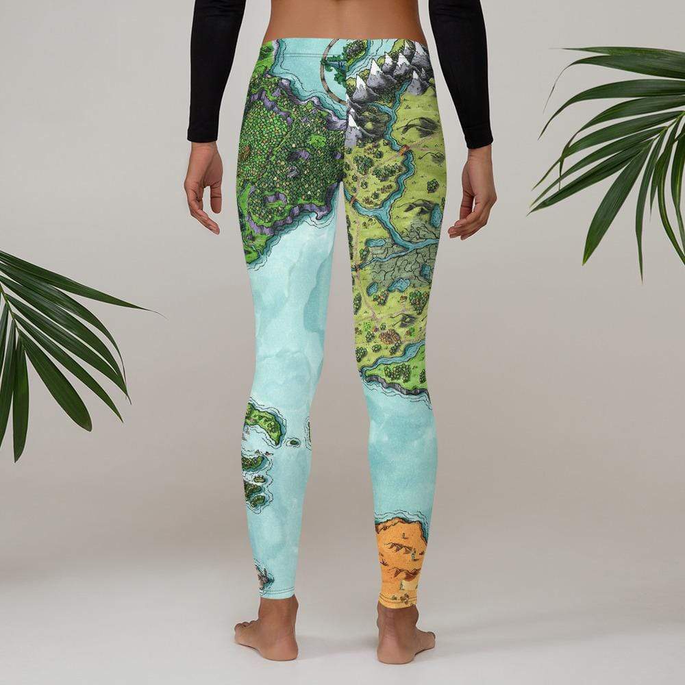 A model wears the Euphoros map leggings by Deven Rue, back view.