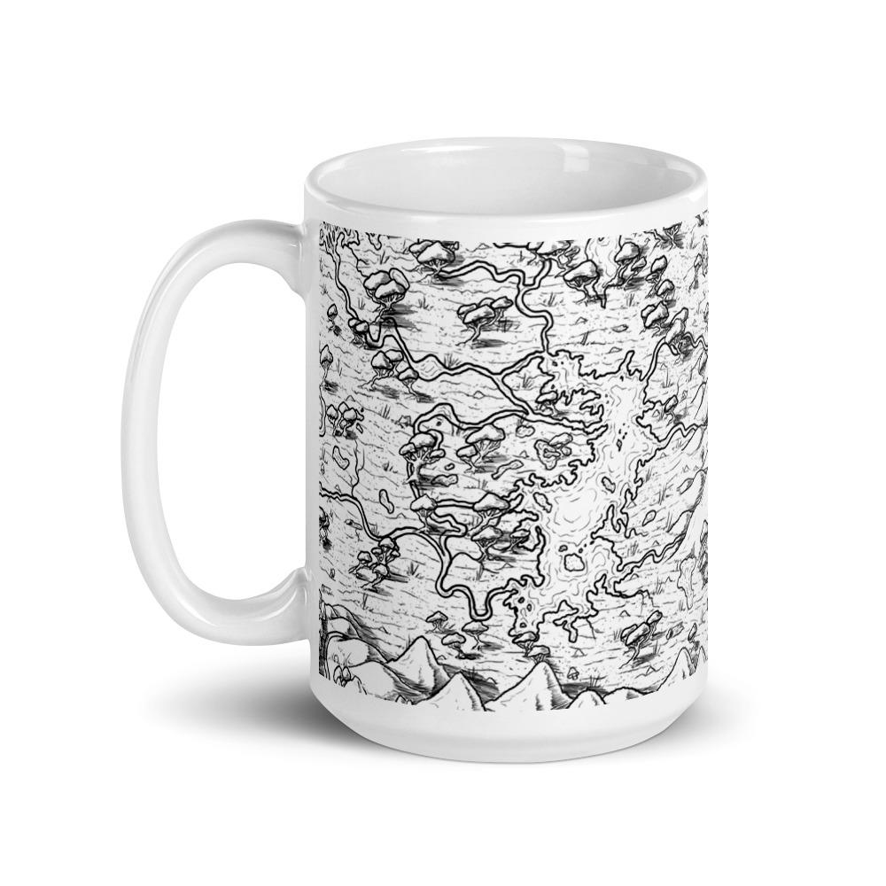 A mug featuring a black and white map by Deven Rue.