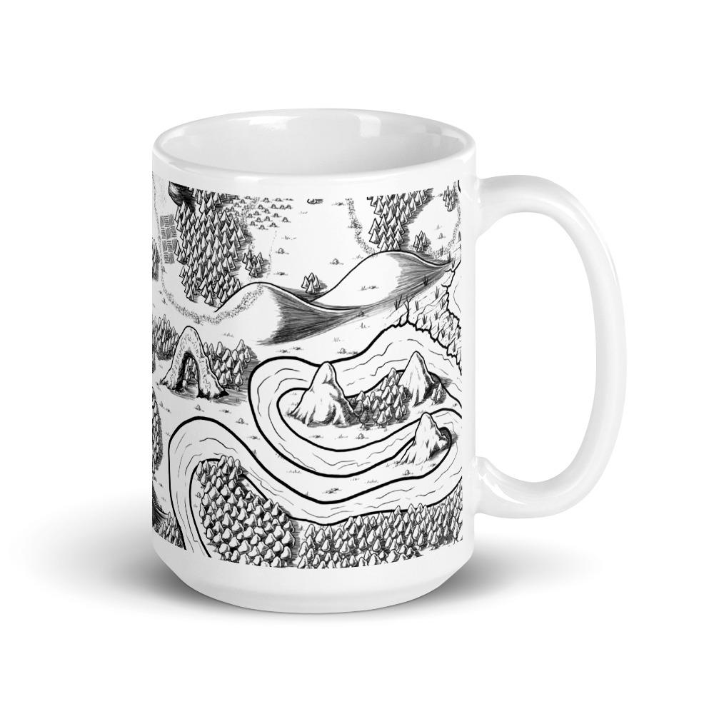 A mug featuring the Magical Arch black and white map by Deven Rue.