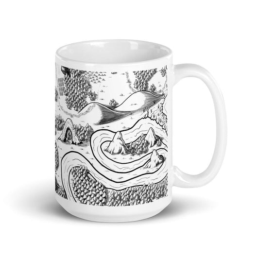A mug featuring the Magical Arch black and white map by Deven Rue.