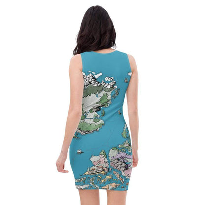Back view: A model wears a fitted tank top dress with the Ortheiad map by Deven Rue.