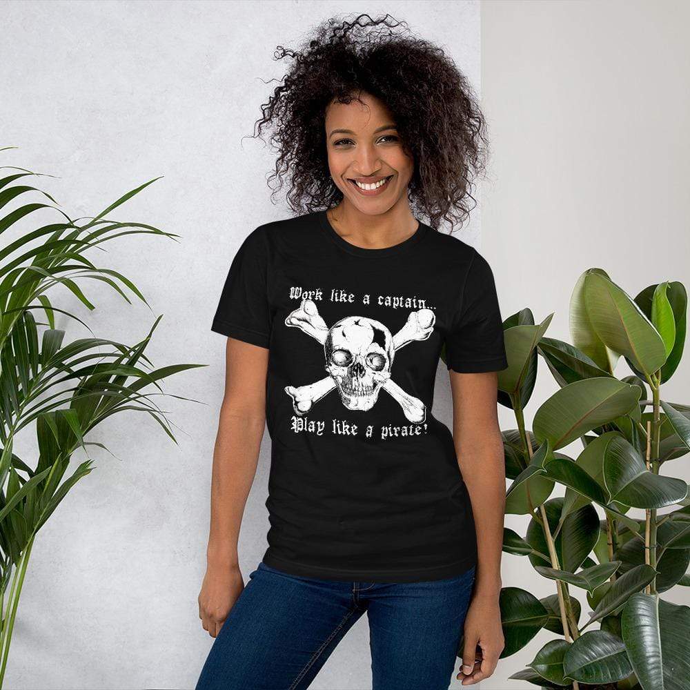 A model wears the Play Like A Pirate shirt.