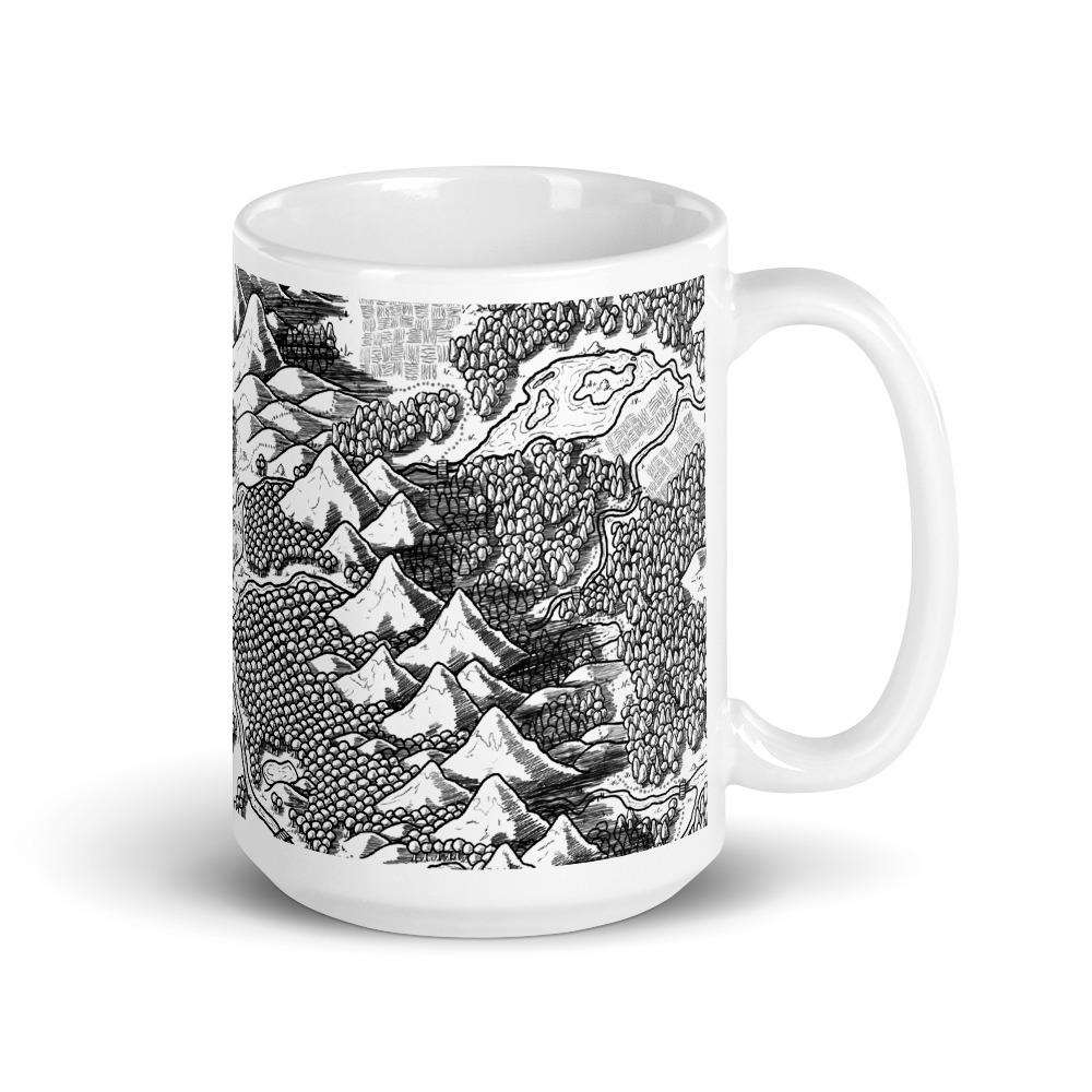 A mug featuring the Pulling into Port black and white map by Deven Rue.