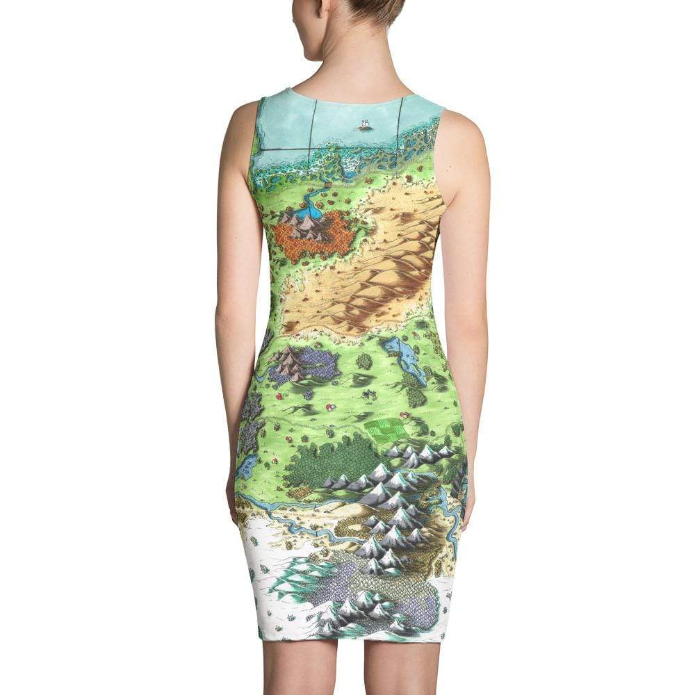 Back view: A model wears a fitted tank top dress with the Queen's Treasure map by Deven Rue.