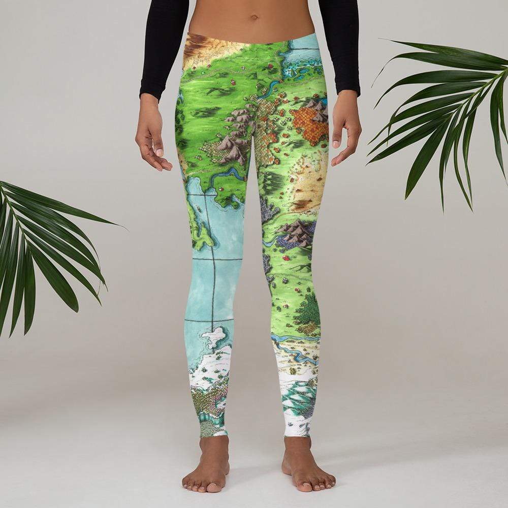 A model wears the Queen's Treasure map leggings by Deven Rue.