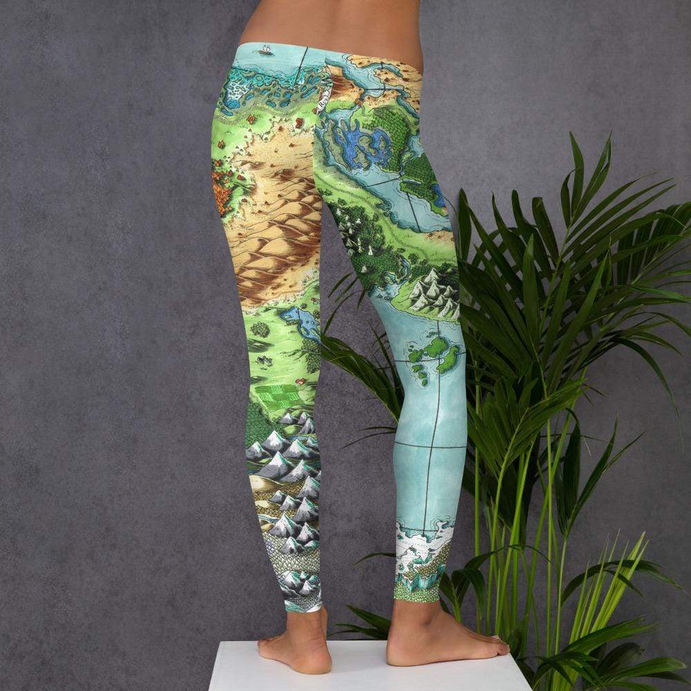 A model wears the Queen's Treasure map leggings by Deven Rue, back view.
