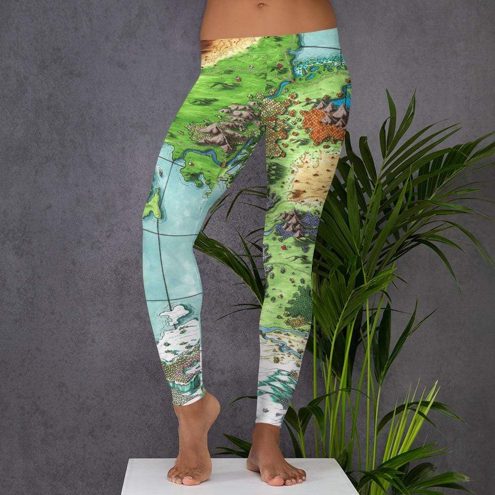 A model wears the Queen's Treasure map leggings by Deven Rue.
