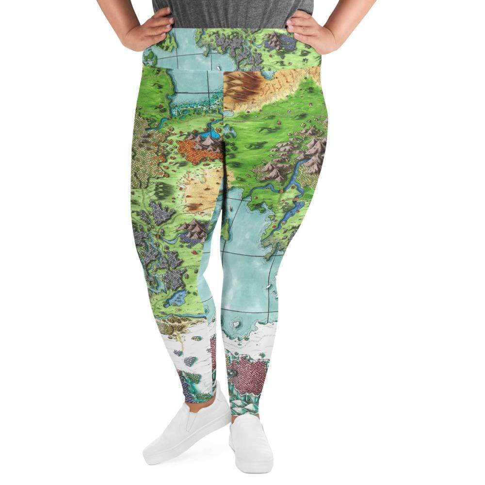 A model wears the curvy style Queen's Treasure Map leggings by Deven Rue.
