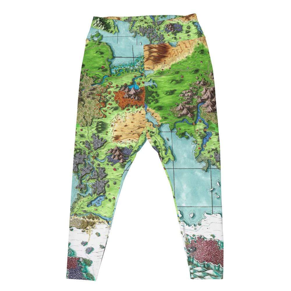 The curvy style Queen's Treasure Map leggings by Deven Rue lay flat.