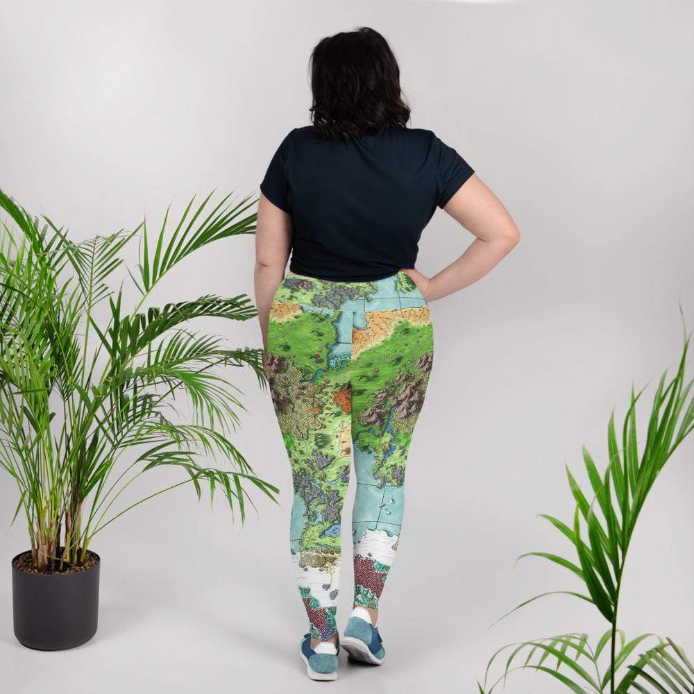 A model wears the curvy style Queen's Treasure Map leggings by Deven Rue, back view.
