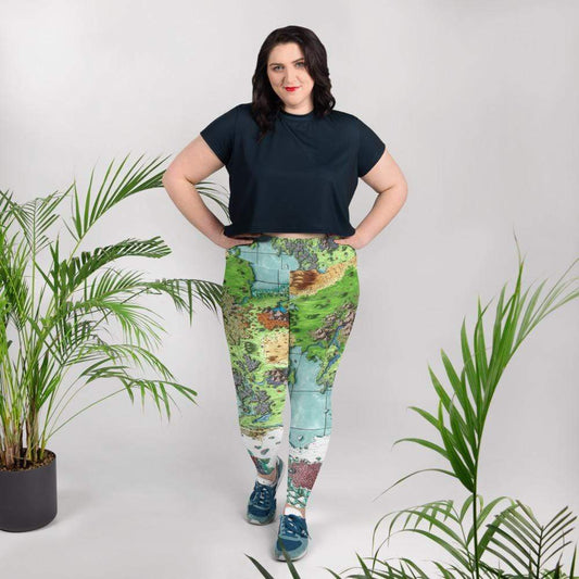 A model wears the curvy style Queen's Treasure Map leggings by Deven Rue.