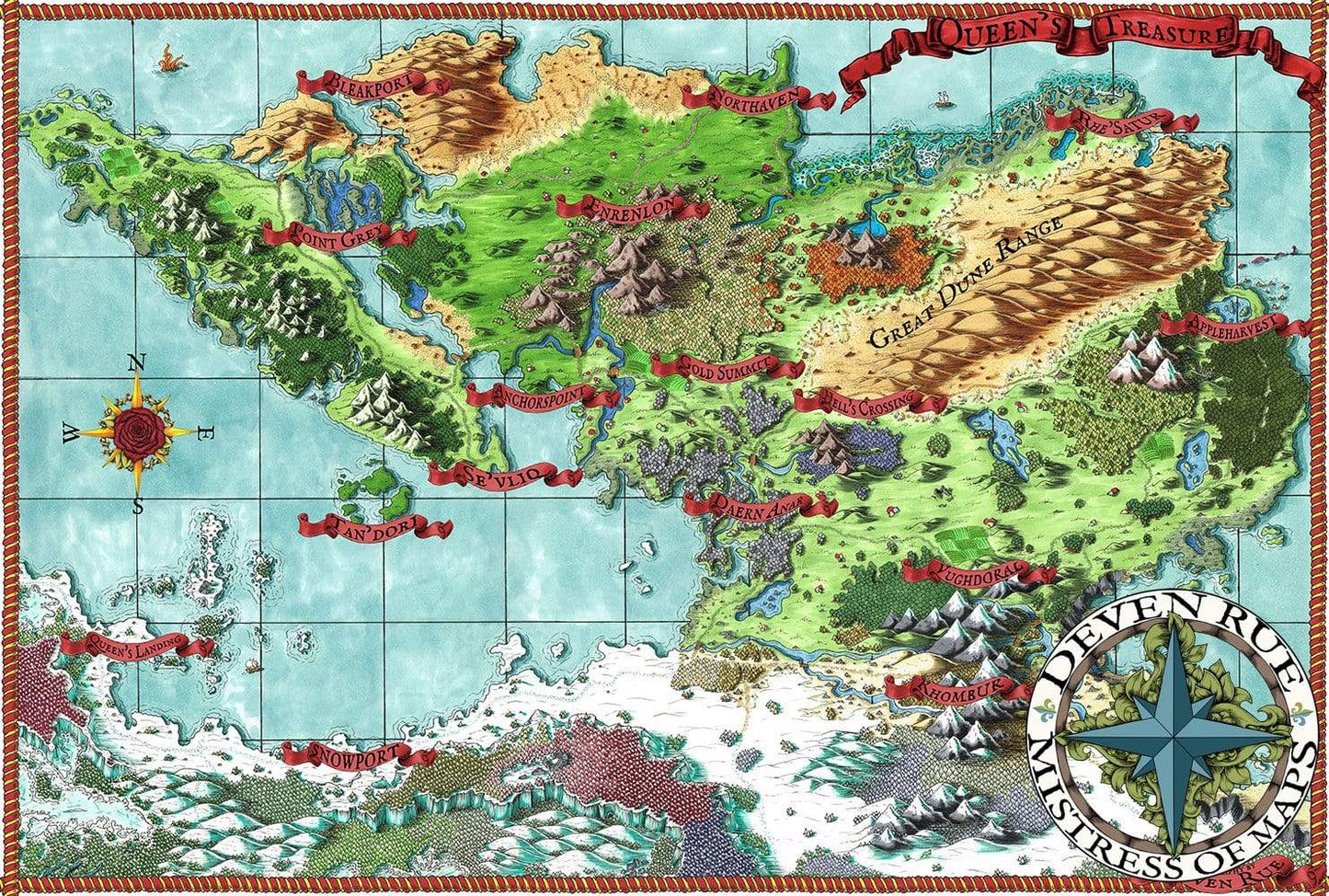 Queen's Treasure Printed Map Prop Maps 36x25 Color with text Deven Rue
