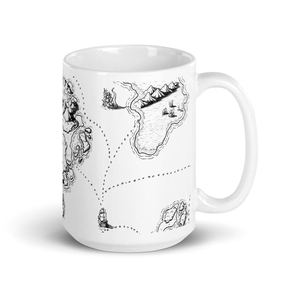 A mug featuring the Sailing into the Unknown black and white map by Deven Rue.