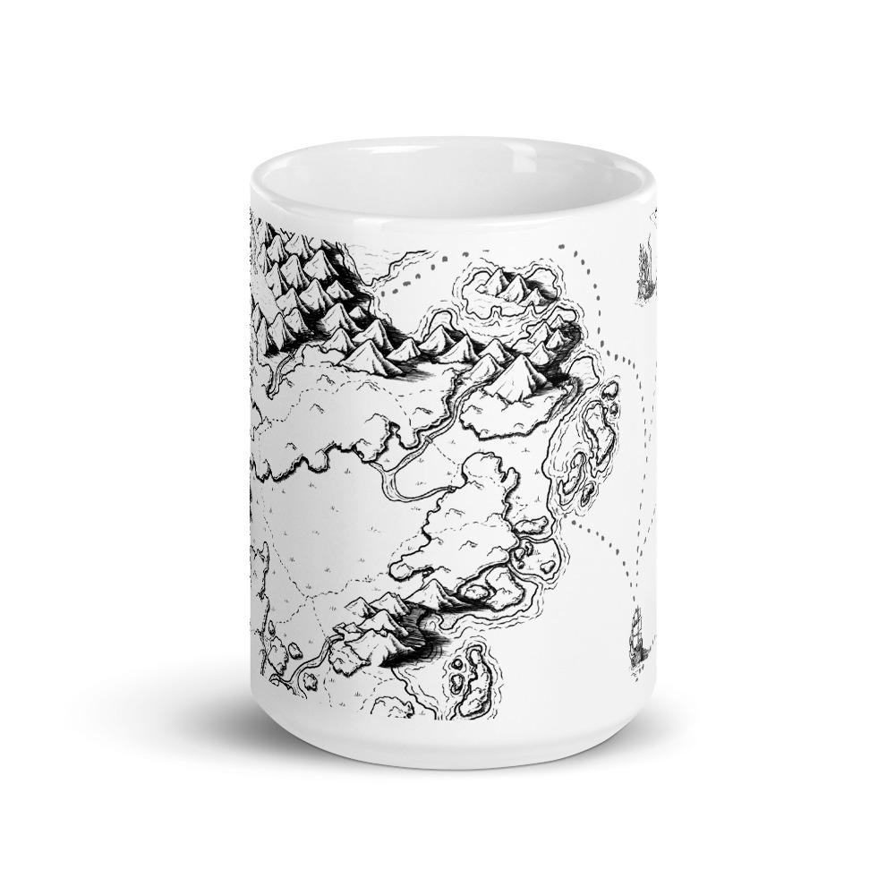 A mug featuring the Sailing into the Unknown black and white map by Deven Rue.