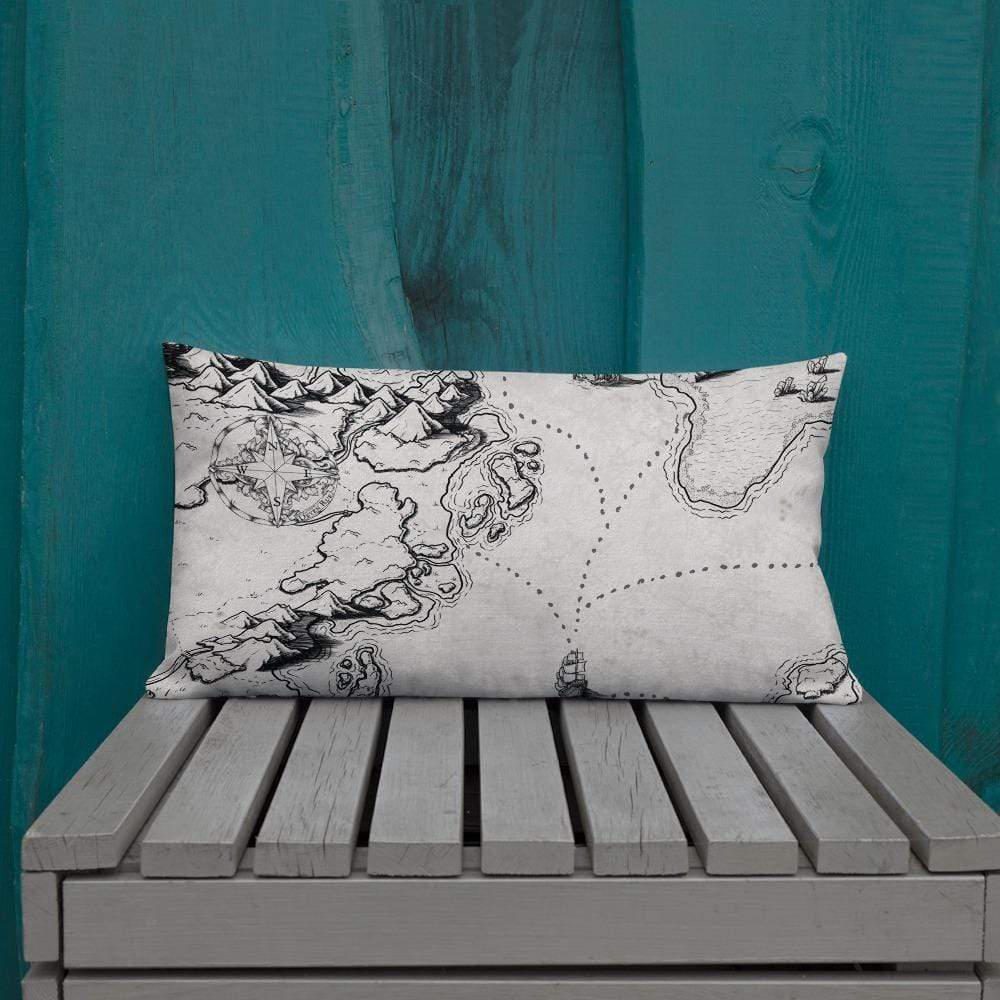 Sailing into the Unknown Pillow 20"×12" by Deven Rue on an outdoor bench.