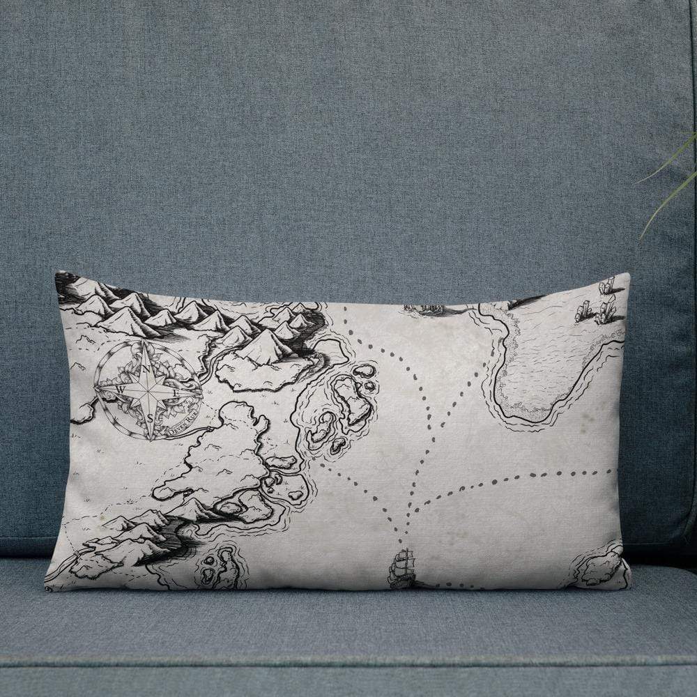 Sailing into the Unknown Pillow by Deven Rue on a couch.