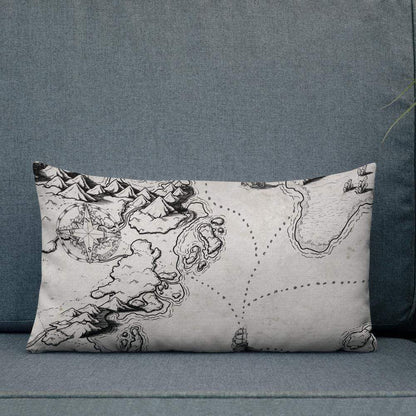 Sailing into the Unknown Pillow by Deven Rue on a couch.