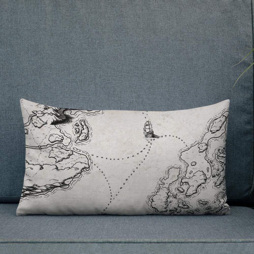 Sailing into the Unknown Pillow by Deven Rue on a couch.