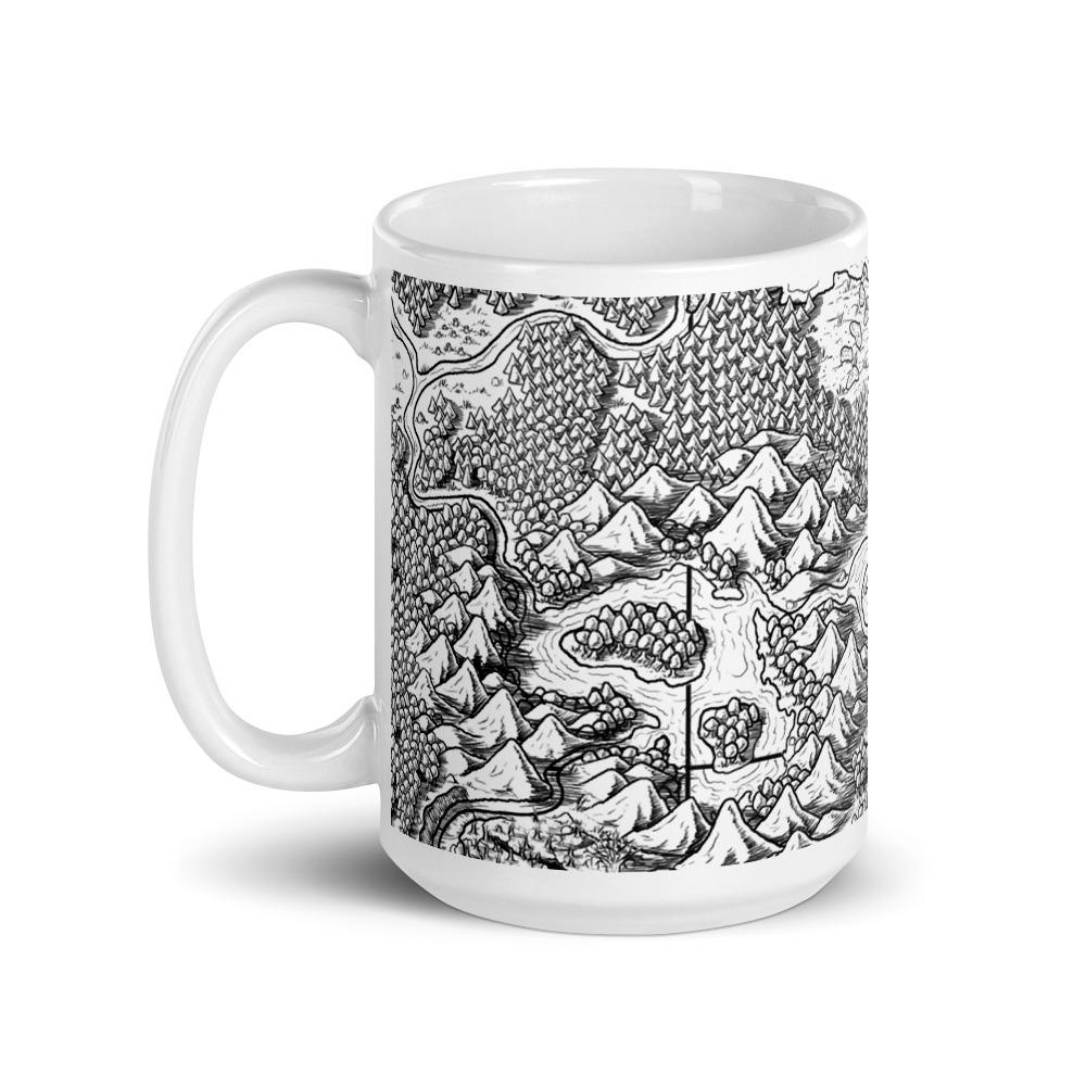 A mug featuring a black and white map by Deven Rue.