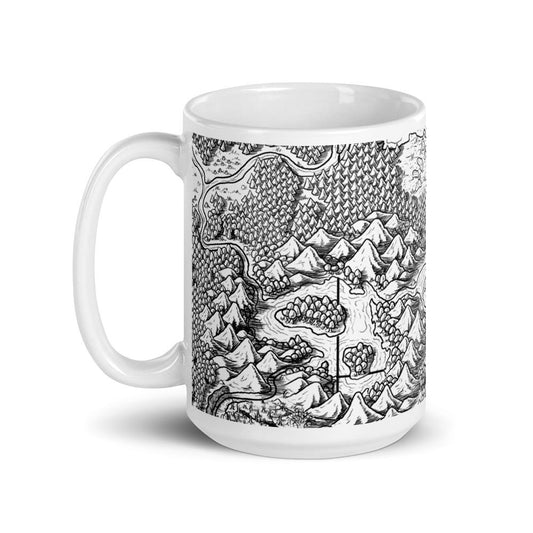A mug featuring a black and white map by Deven Rue.