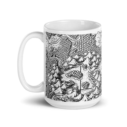 A mug featuring a black and white map by Deven Rue.